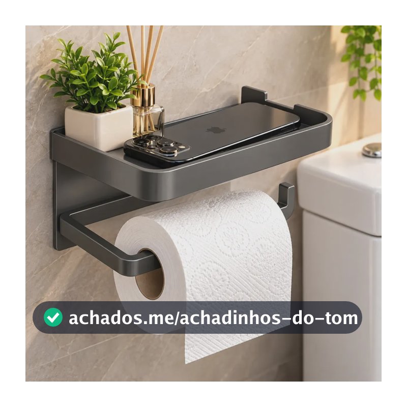 Suporte Porta Papel Higiênico Adesivo Parede Banheiro Com Prateleira Porta Celular Sem Furo Organizador 2 em 1 Cinza