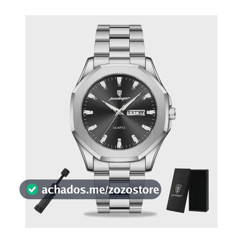 Relógio Poedagar Masculino Aço Inox Prata Ajustável Comcaixa Prateado Preto