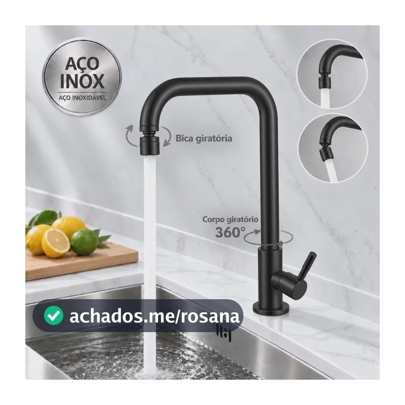 Torneira Cozinha Inox Preta Água Fria Bica Alta Giratória Corpo Giratório com Arejador
