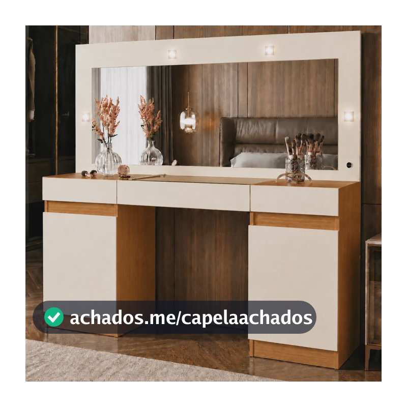 Penteadeira Camarim Studio com Espelho LED 2 Portas 3 Gavetas Cinamomo Off White
