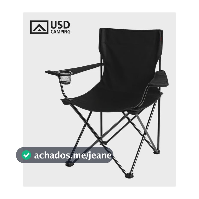 Cadeira Dobrável para Camping USD Preta com Apoio de Braço e Porta-copos