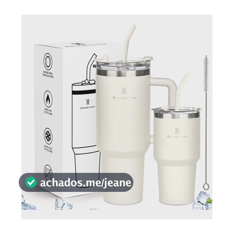 Kit Copo Térmica Inox 1200ml & 600ml Com Tampa E Canudo Branco Cor Pura