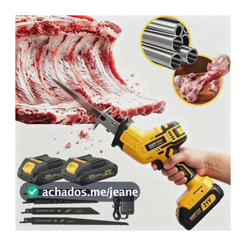 Serra Sabre sem Fio 21V para Açougueiro, com 2 Baterias e Bivolt, Corta Osso e Carne, Portátil e Potente, Uso em Frigorífico e Abate