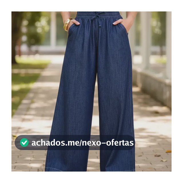 Calça Jeans Feminina Pantalona Wide Leg Com Elástico No Cós