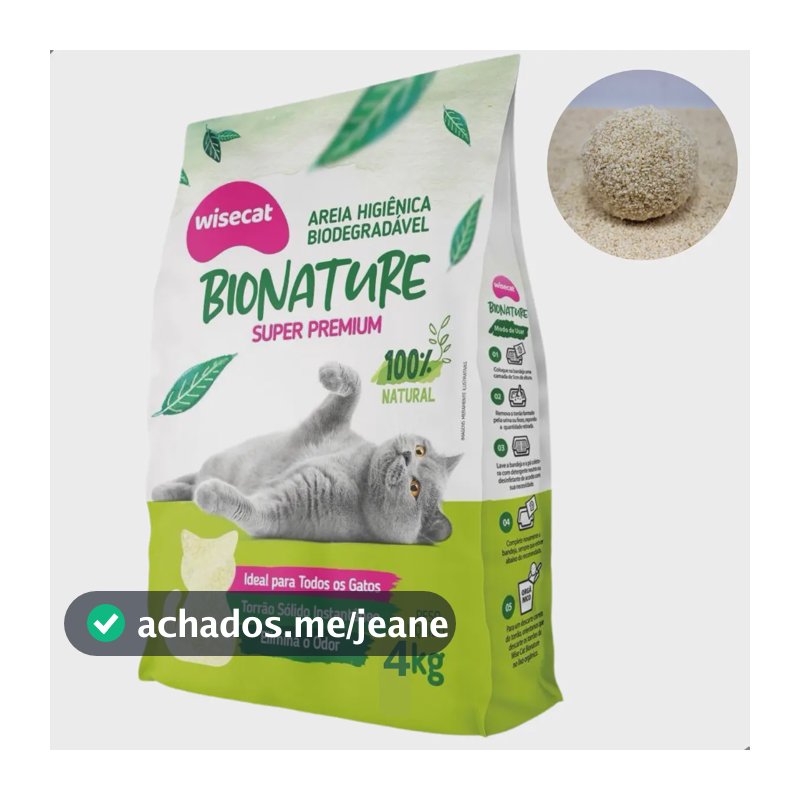Areia Higiênica Mandioca Premium Biodegradável Wisecat 4kg