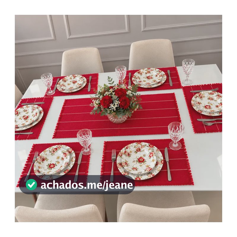 Jogo Americano 7 Peças Mesa Posta Luxo 6 Lugares + Caminho Vermelho Listras