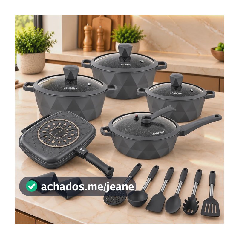 Jogo De Panelas London Cerâmica Antiaderente 17 Peças Grill Preto
