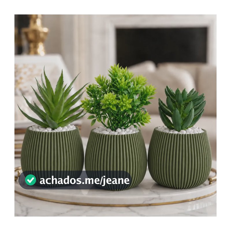 Kit 3 Vasos Oliva Com Suculentas Artificiais Realistas Verde