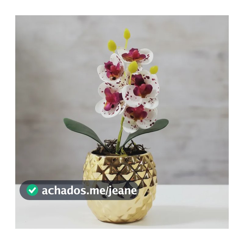 Vaso Redondo Com Flor Artificial Orquídea Cor Dourado