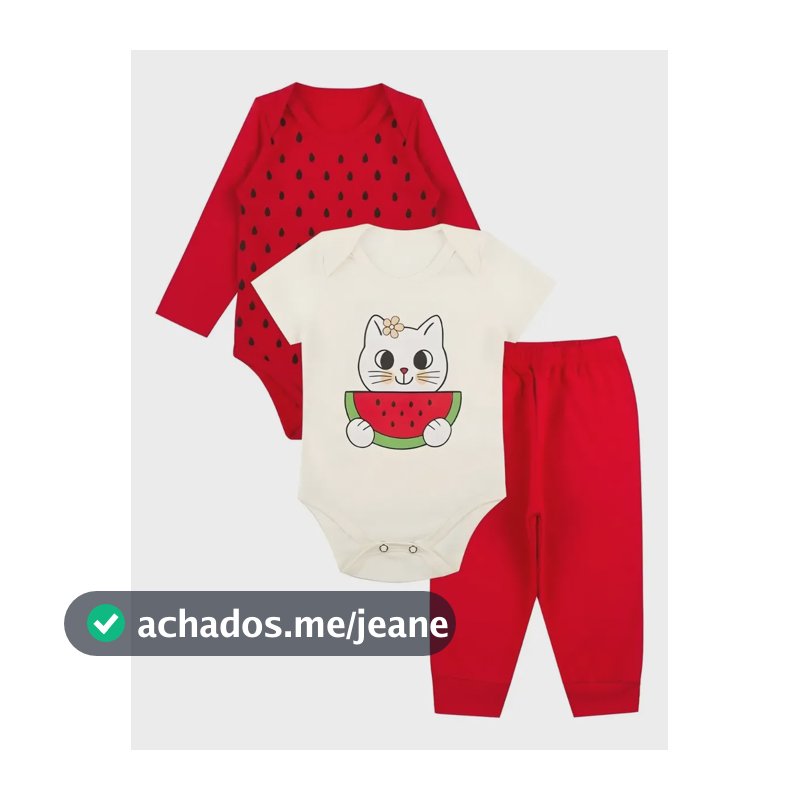 Kit Bebê Menina 3 Peças Body Manga Longa Curta Calça Gatinha Cor Vermelho Tamanho G (6 À 9 Meses)