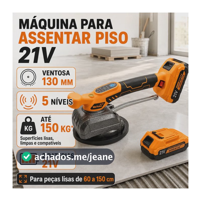 Máquina de Assentar Piso e Porcelanato Vibratória sem Fio com Ventosa 130mm, 2 Baterias e Maleta