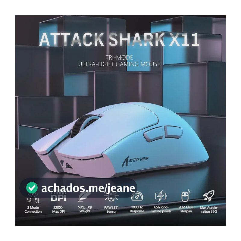 Mouse Gamer Attack Shark X11 22.000 DPI Ultraleve 63g Bluetooth 2.4GHz USB-C Branco