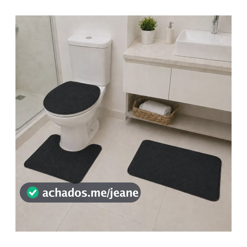 Jogo Tapete Banheiro 3 Peças Preto Antiderrapante Preto