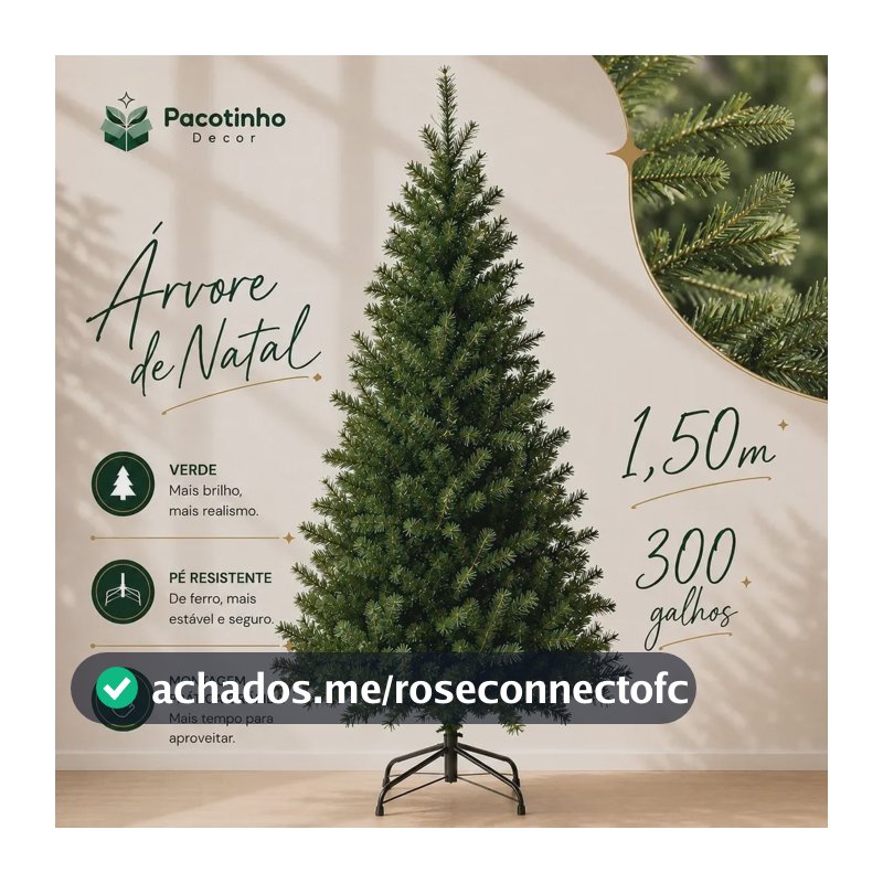 Árvore De Natal 1,50m 300 Galhos Verde Base Metal Pinheiro Canadense Pacotinho Decor