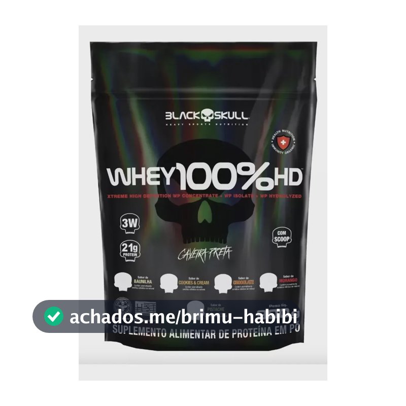 Whey 100% Hd Refil Black Skull - 900g (wpc, Wpi E Wph) Sabor Morango