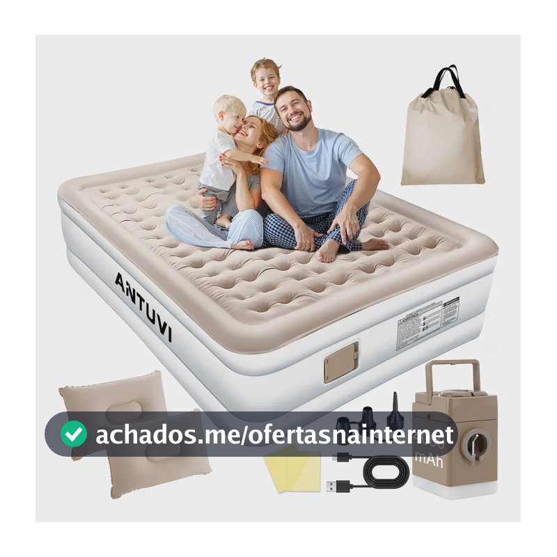 Colchão Inflável Queen Com C/ Bomba Bivolt Usb+2 Travesseiro Cáqui