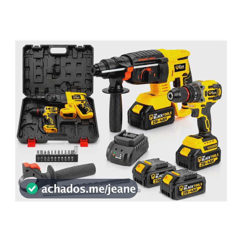 Kit Multi Ferramentas 2 Em 1 21v Sem Fio Com 2 Baterias Furadeira Parafusadeira + Martelete Rompedor The Black Tools