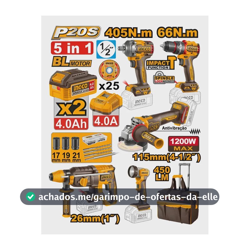 Kit Combo Ingco 20v 5 Ferramentas Com Bolsa E Rodas