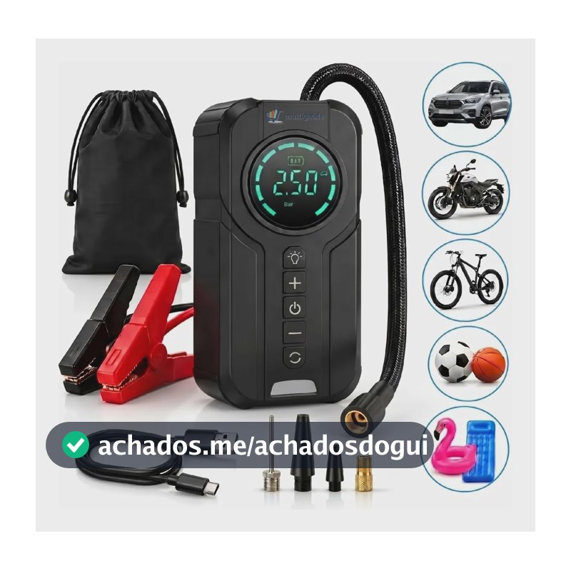 Auxiliar de Partida Compressor Portatil Carregador Bateria 12V Emergência Veicular Multigoods Carro Moto
