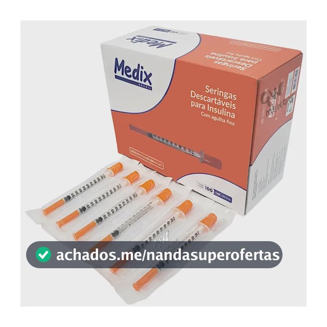 Seringa Medix 1mL para Insulina e Botox, com Agulha Fixa Fina de 8x0,30mm - Pack com 100