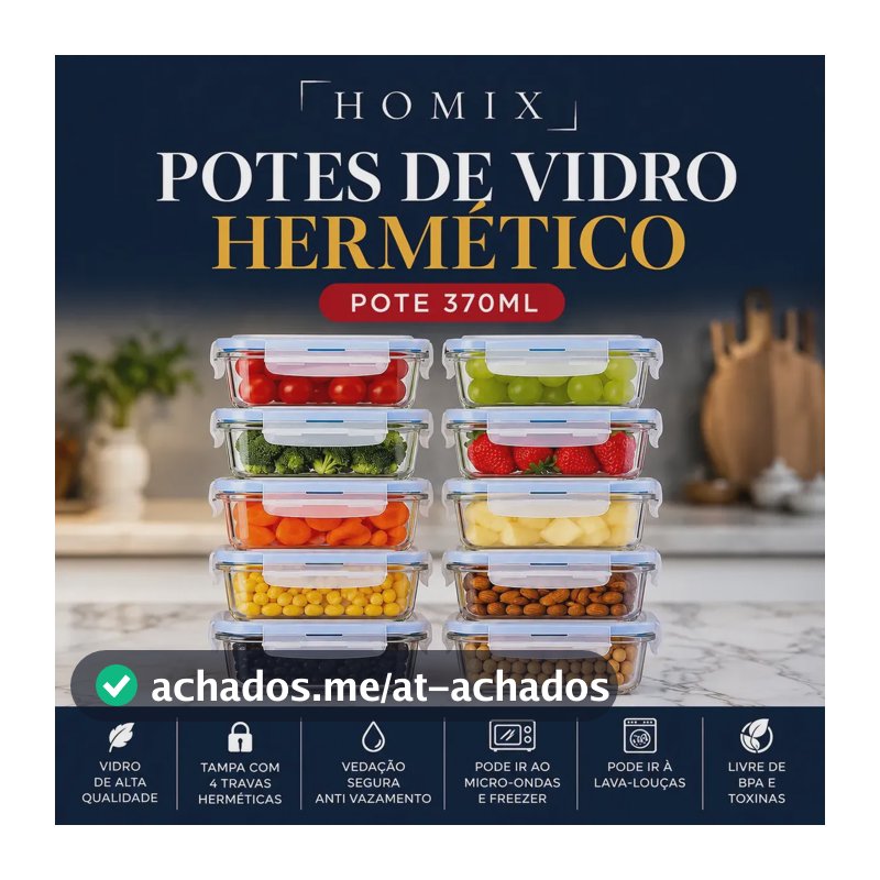 Kit 10 Potes Vidro Hermético 370ml Retangular 4 Travas Marmita Premium Homix