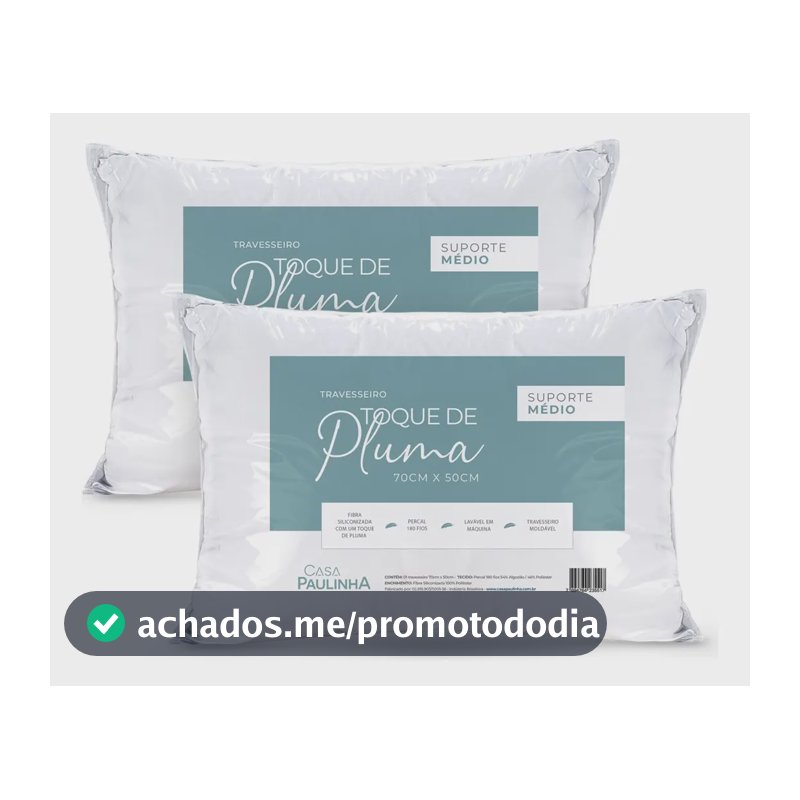 Kit 02 Travesseiros Toque Pluma 70x50 Percal 180 Fios Médio Branco