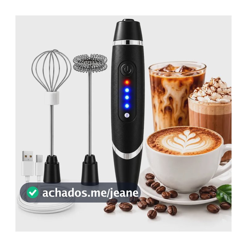 Mini Mixer Elétrico Recarregável USB 3 Velocidades – Espumador de Leite Profissional em Aço Inoxidável – Misturador Portátil para Cappuccino, Café, Matcha, Shakes e Ovos