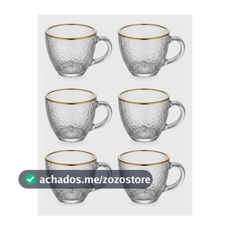 Jogo 6 Xícaras Café Chá 100ml Vidro Borda Dourada Luxo Dourado Martelado