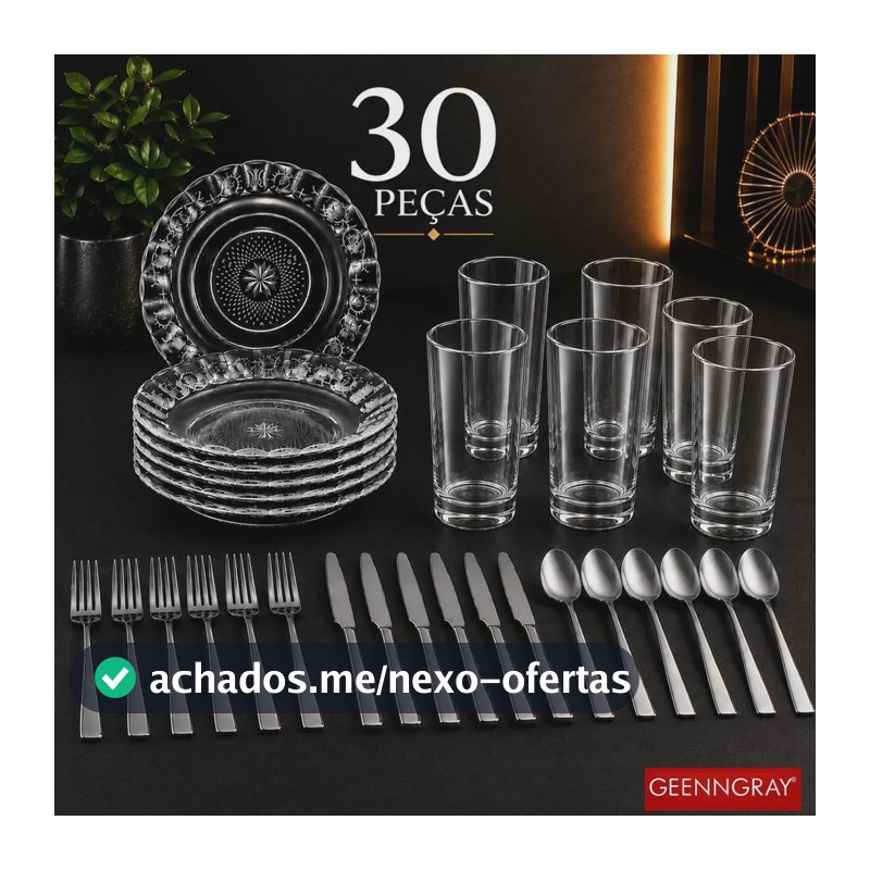 Aparelho Jantar Completo Jogo 30 Peças Pratos Fundos Lisa + Copos Vidro Liso + Talheres Inox Mesa Posta Geenngray