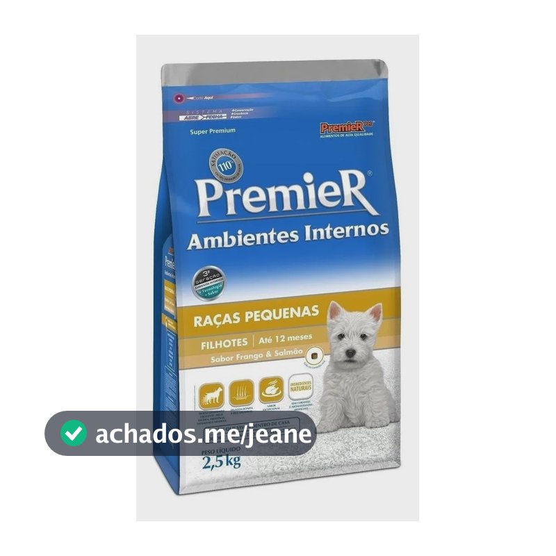 Ração Premier Cães Filhotes Raças Pequenas Ambientes Internos Sabor Frango e Salmão 2,5kg