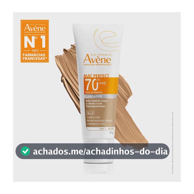 Protetor Solar Facial Com Cor Avène Mat Perfect Clareador FPS70 Tom Médio, 40g