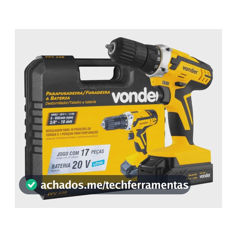 Parafusadeira e Furadeira A Bateria PFV 238 Completa Com Maleta de Transporte e Acessórios - Vonder