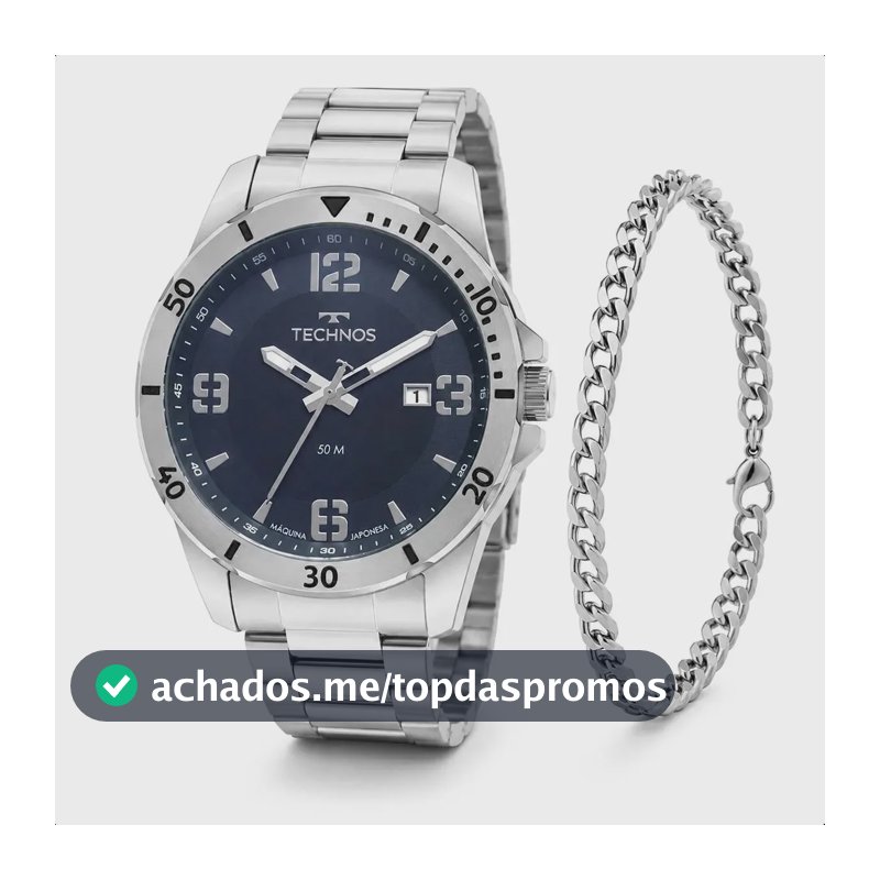Relogio Technos Masculino 2115MYN/1A 45 Milímetros em Aço Inoxidável com Calendário Fundo Azul Petróleo + Pulseira Masculina
