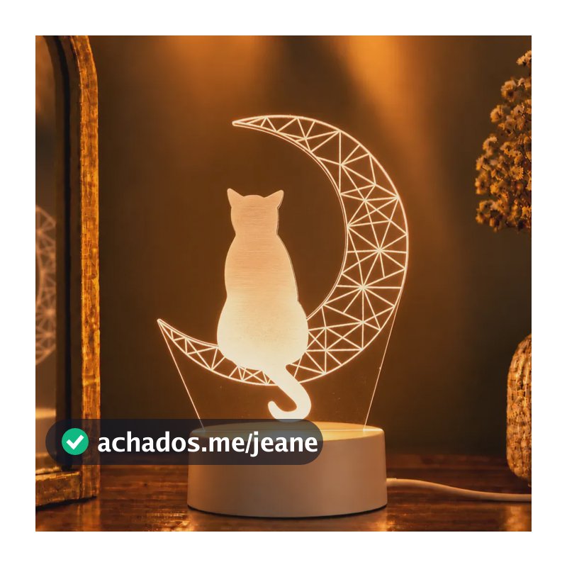 Luminária Led Gato Sozinho Na Lua - Abajur De Mesa Branco Branco