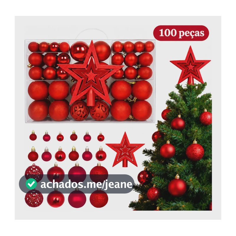 Kit 100 Bolas De Natal Lisas Foscas Glitter Com Estrela Decoração Completa Grande Enfeite Artificial Arvore De Natal Kizumba Cor Vermelho