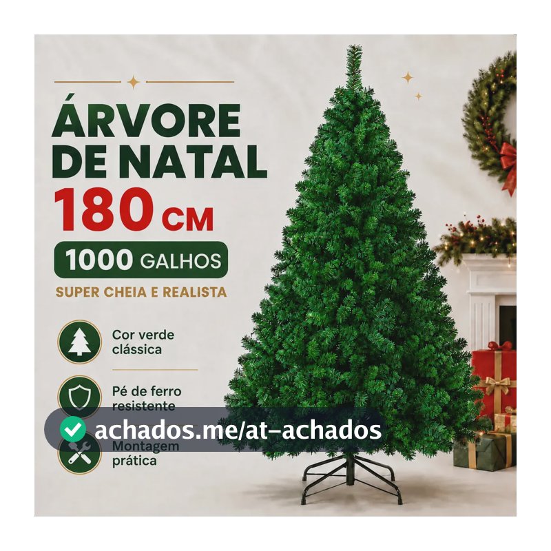 Árvore de Natal Verde Premium 180 cm com 1000 Galhos Cheios e Pé de Ferro Atelier Enovelada