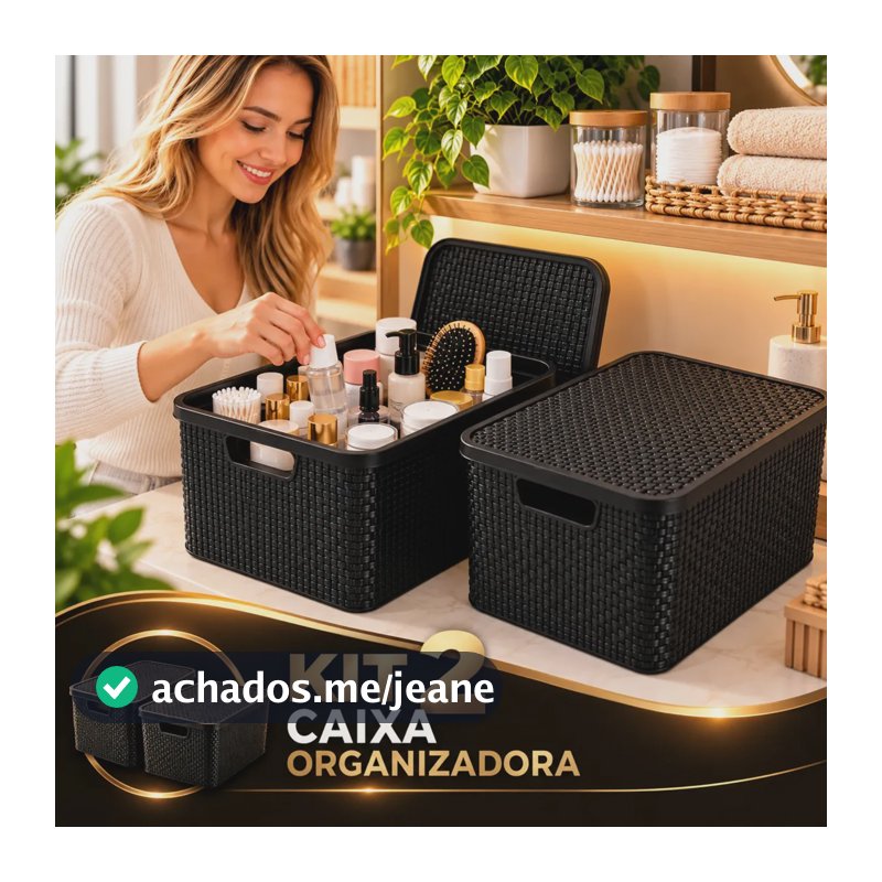 Kit 2 Cesto Caixa Organizador Com Tampa 7 Litros Casa Cesta Tipo Vime Multiuso Retangular Rattan JN Jáquero Novidades Preto