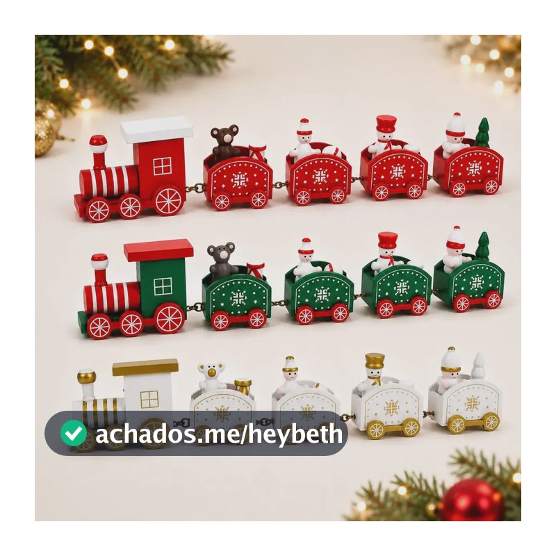 Trenzinho Enfeite de Natal de Madeira com 5 peças 1 Locomotiva + 4 Vagões Decoração Natalina Premium Encantadora Trem de Natal Branco - Petite Flô