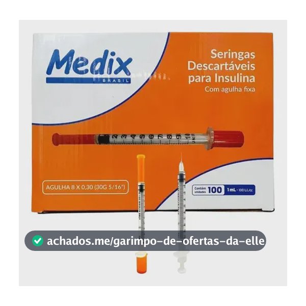 Seringa Insulina 1ml 100ui Agulha Fixa 0,8x0,30mm 30g 1 Ml