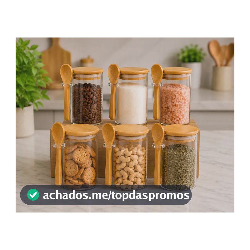 Kit 6 Potes De Vidro Herméticos 200ml Com Tampa De Bambu E Colher Porta Mantimentos Café Açúcar Temperos Grãos Organizadores Cozinha