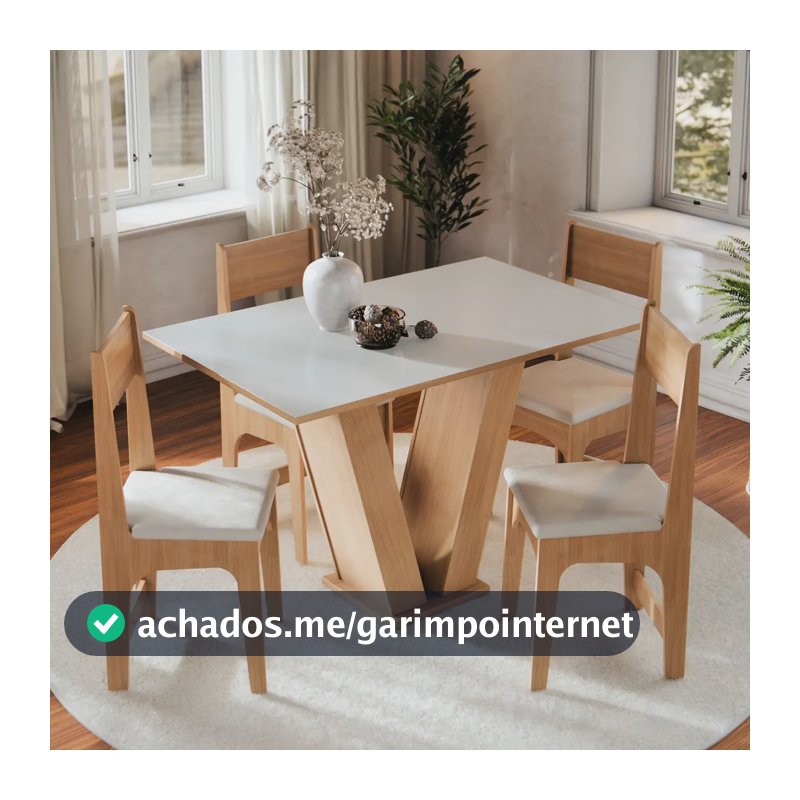 Conjunto Sala de Jantar 4 Lugares com Cadeiras Estofadas Mesa Com Tampo Retangular Semelhante Vidro Base V Mel Branco Off White