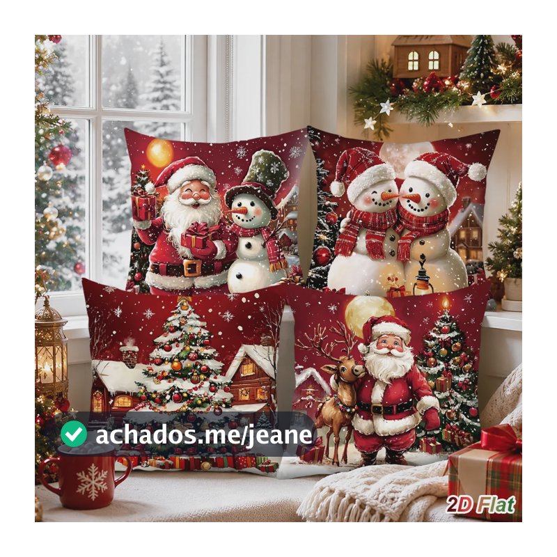 Kit 4 Capas Almofadas Decorativas Natal 45x45cm Papai Noel Vermelho