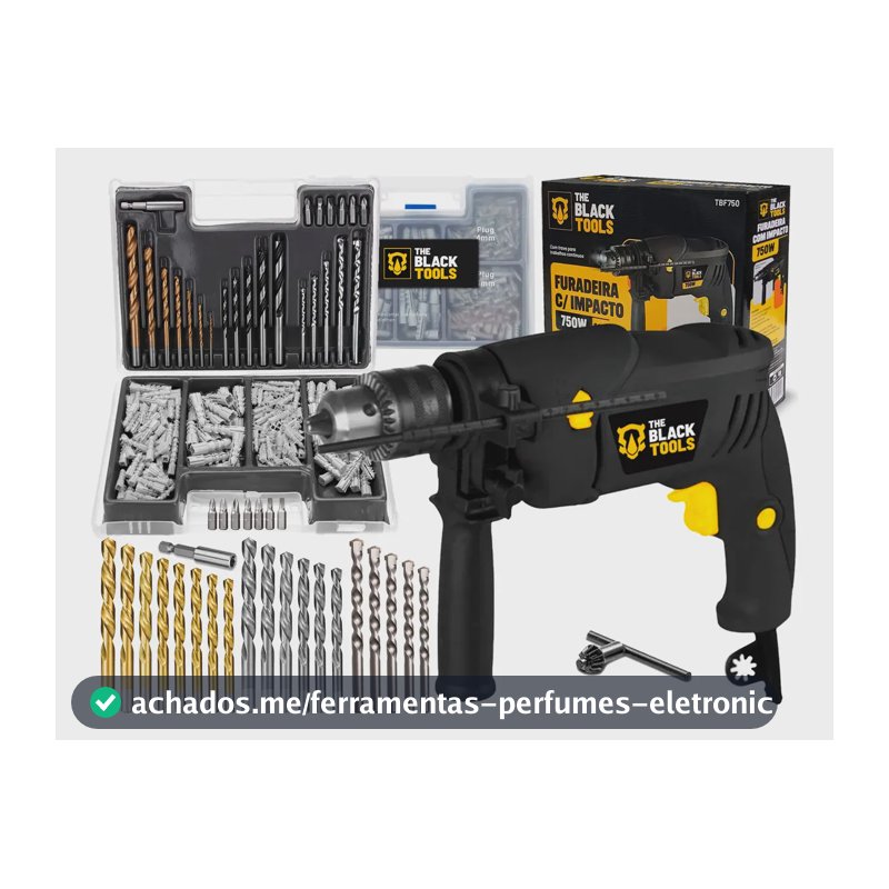 Furadeira De Impacto 13mm 750w Profissional Com Kit Brocas Buchas E Bits 300 Peças The Black Tools