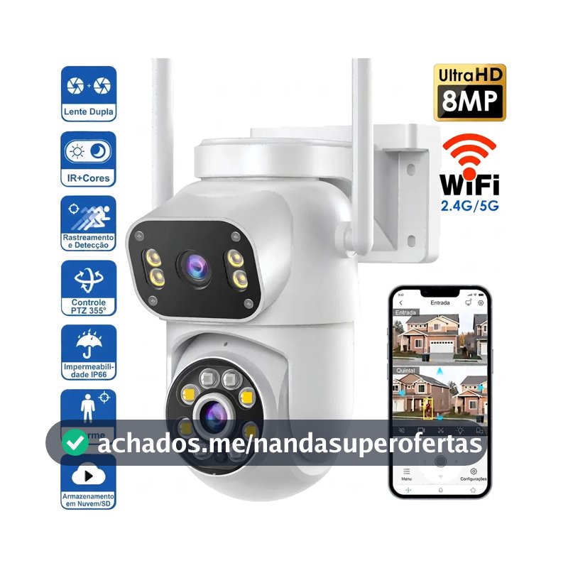 Câmera de vigilância externa Mvpsmart 360° PTZ Wi-Fi 8 MP Full HD - Alarme sonoro/luz, detecção de movimento, visão noturna IP66, áudio bidirecional, armazenamento em cartão SD/na nuvem