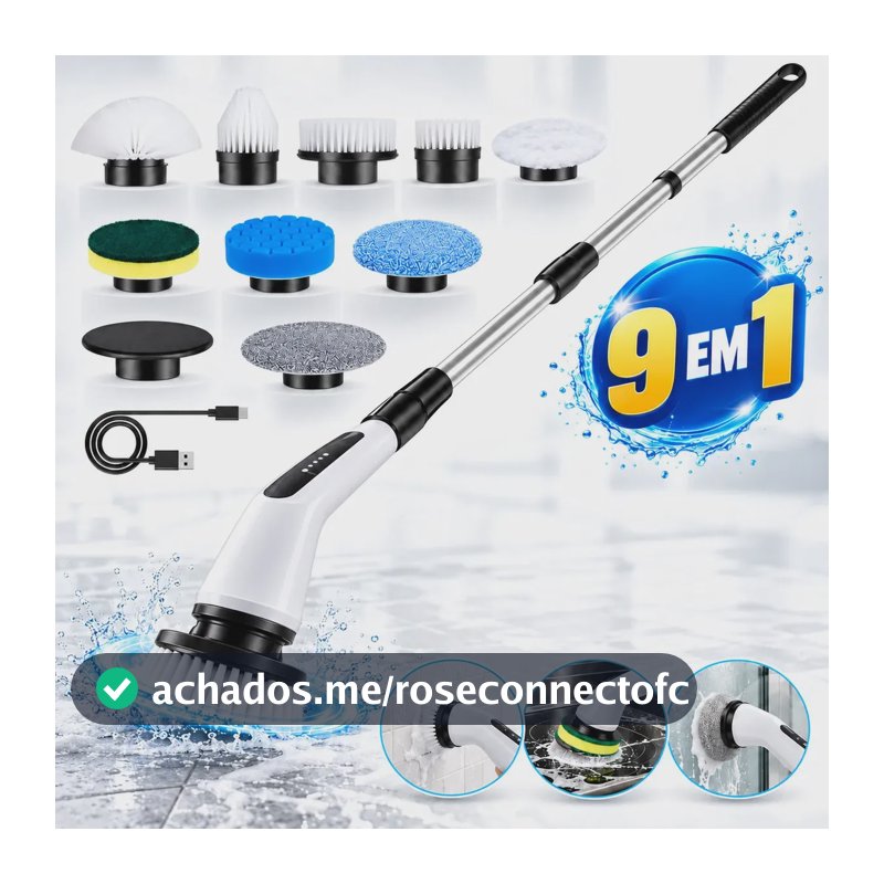 Escova Elétrica de Limpeza 9 em 1 Multifuncional Recarregável USB-C para Casa Banheiro Cozinha e Carro - Multicontrol
