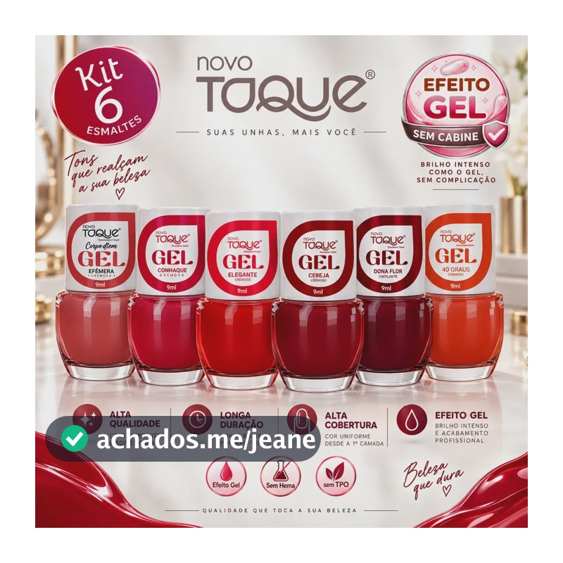 Kit 6 Esmaltes Novo Toque Vermelho Efeito Gel Sem Cabine Vermelho