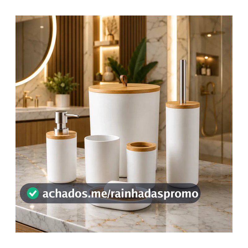 Kit Acessórios Banheiro 6 Peças Lixeira Escova Sanitária Dispenser Sabão Líquido Porta Escova Dente Saboneteira Cor Branco