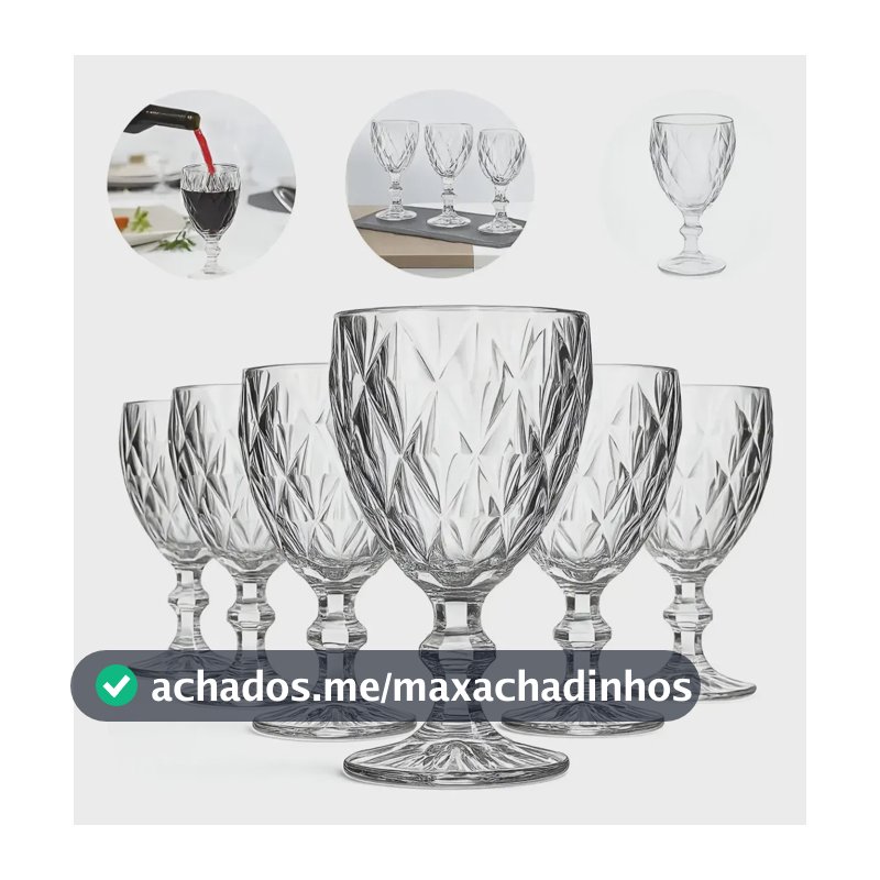Kit 6un Taça Diamante Lapidada 340ml Para Vinho E Drink Transparente