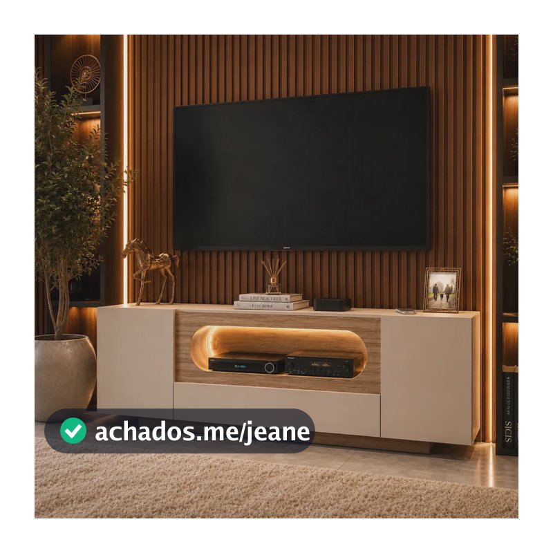 Rack Tv Off White Com Nicho Curvo Com Led Amadeirado Design Moderno Elegante Sala Home