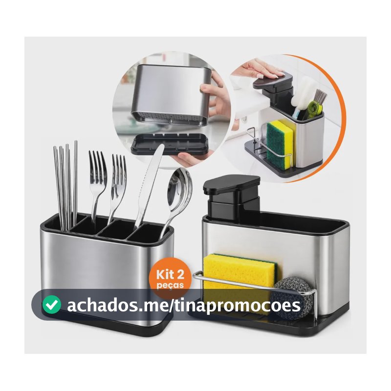 Kit Organizador Pia Inox Dispenser Porta Talheres Escorredor Kit Organizador Talheres Dispenser Detergente 4 Divisorias Aço Inox